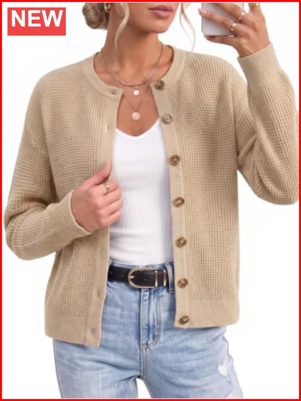 Women's Chunky Knit Button Up Cardigan Crew Neck Long Sleeve Cotton Sweater